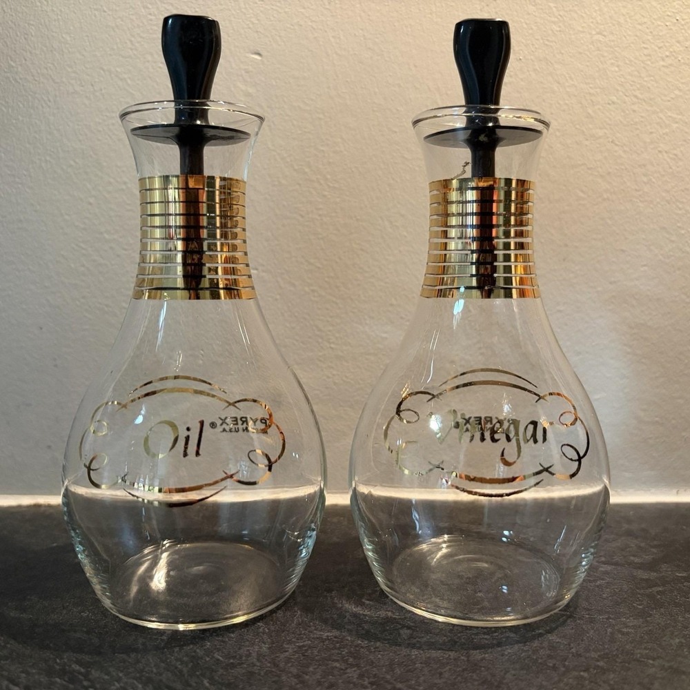 Vintage PYREX Gold Striped Oil & Vinegar Glass Cruets With Stoppers MCM 6" EUC